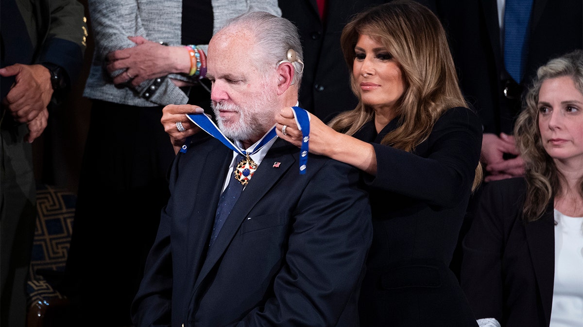 First lady Melania Trump awards Rush Limbaugh the Presidential Medal of Freedom during President Trump's State of the Union address at the Capitol on Feb. 4, 2020. (Tom Williams/CQ-Roll Call, Inc via Getty Images)