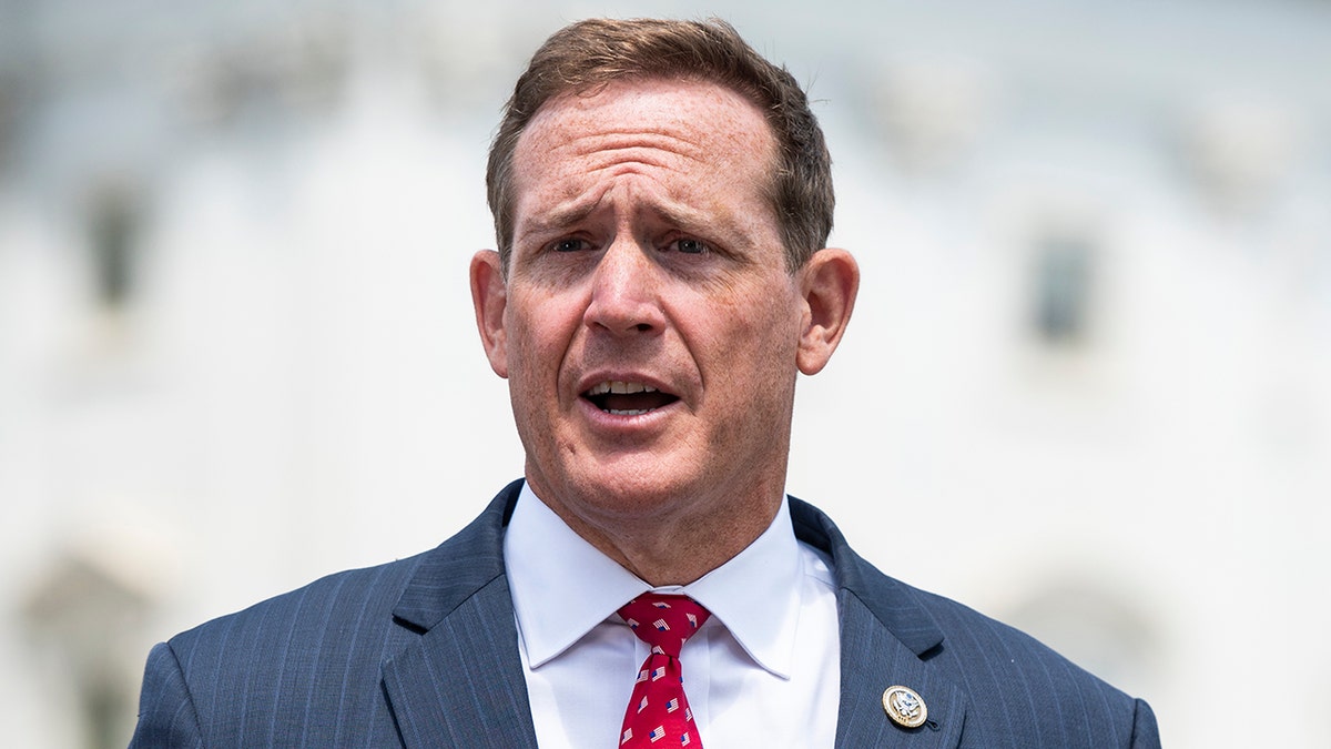 UNITED STATES - JUNE 25: Rep. Ted Budd, R-N.C., does a television news interview outside the Capitol before the vote on the George Floyd Justice in Policing Act of 2020 on Thursday, June 25, 2020. (Photo By Bill Clark/CQ-Roll Call, Inc via Getty Images)