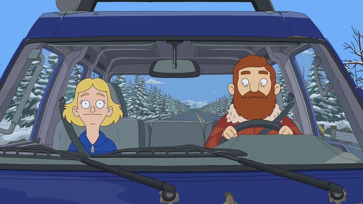 Judy (Jenny Slate) and Beef (Nick Offerman) in a scene from 'The Great North.'