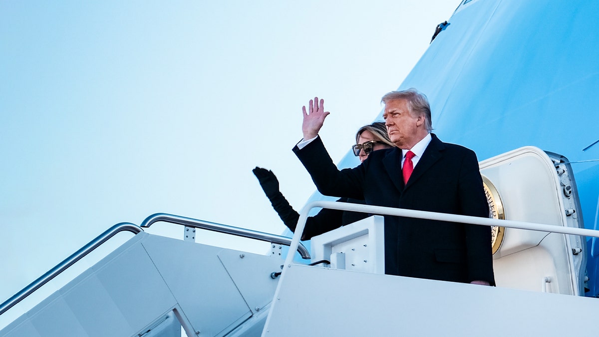 President Trump and first lady Melania Trump board Air Force One at Joint Base Andrews before boarding Air Force One for his last time as president on Jan. 20, 2021 in Joint Base Andrews, Maryland.