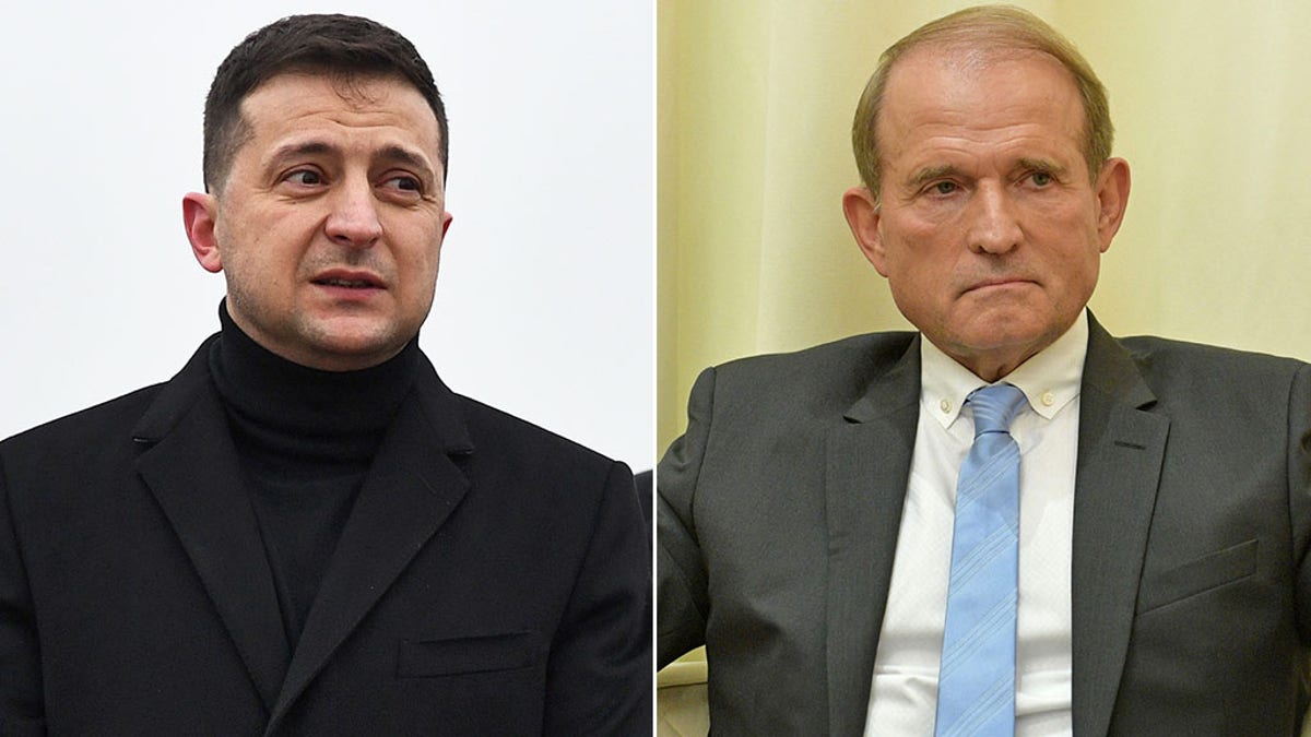 Ukrainian President Volodymyr Zelensky , left, has shut several television channels owned by Viktor Medvedchuk, a Russia-linked magnate. 