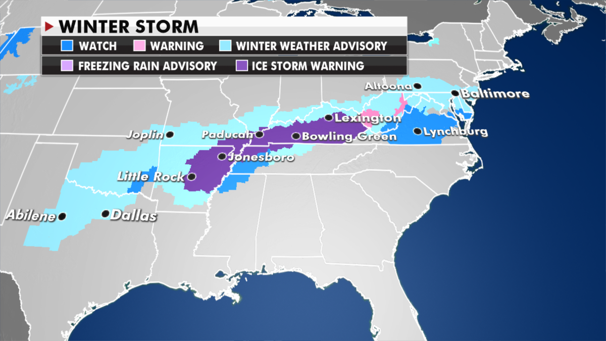 Current winter weather warnings and advisories in effect. (Fox News)