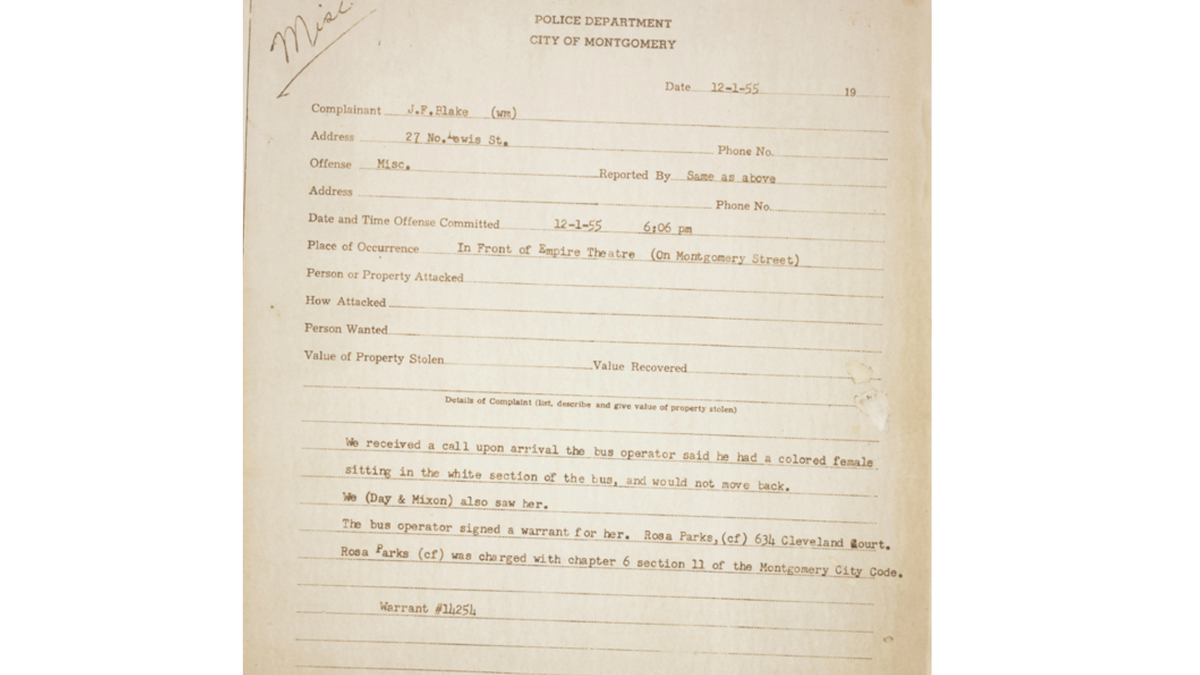 The original police report from the Dec. 1, 1955 arrest of Rosa Parks when she refused to give up her bus seat to a white man 