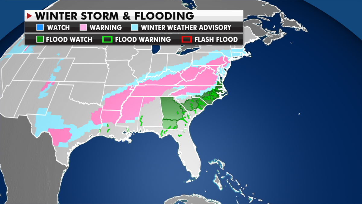 Current winter weather warnings and advisories in effect. (Fox News)