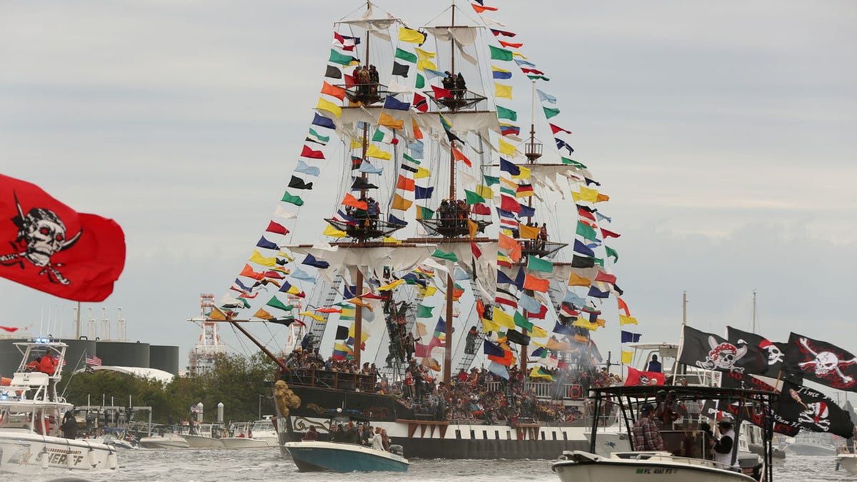 A pirate raid at Gasparilla in Tampa, Florida is pictured on January 26, 2019.