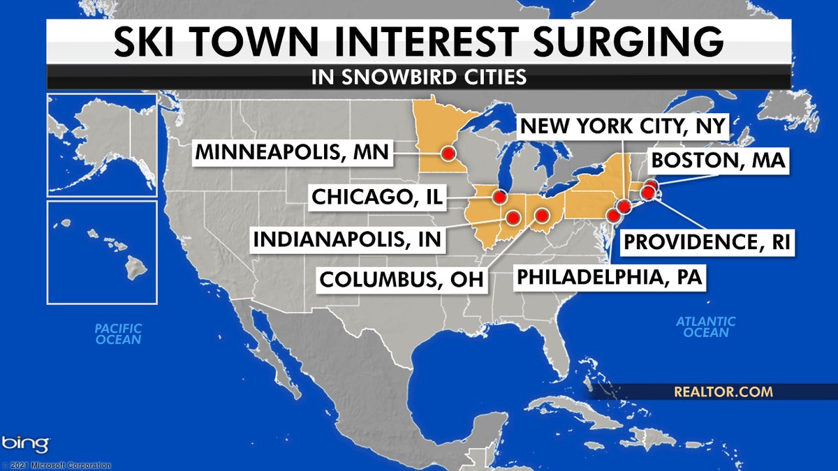 According to Realtor.com, eight 'Snowbird' cities in particular - including Boston, Chicago, Columbus, Indianapolis, New York, Philadelphia, Providence, and Minneapolis - showed record interest in ski towns.
