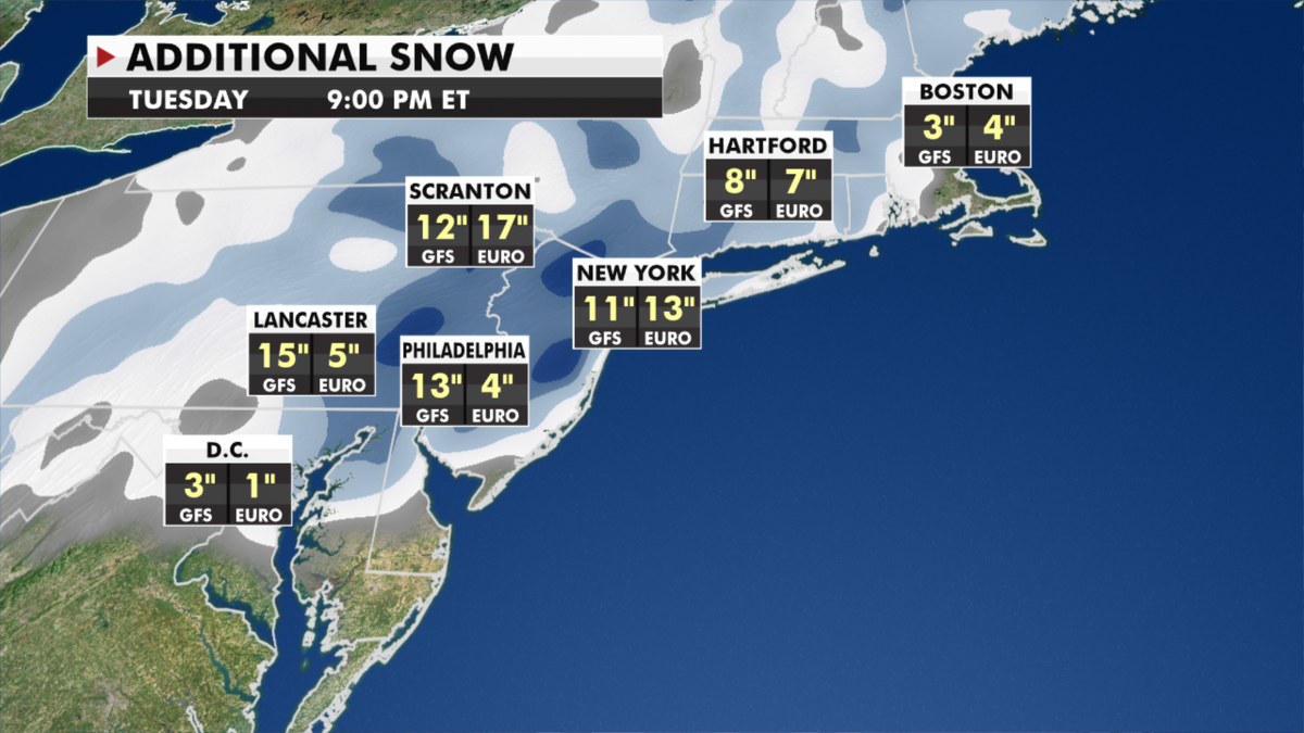 Additional snowfall estimates through Tuesday. (Fox News)