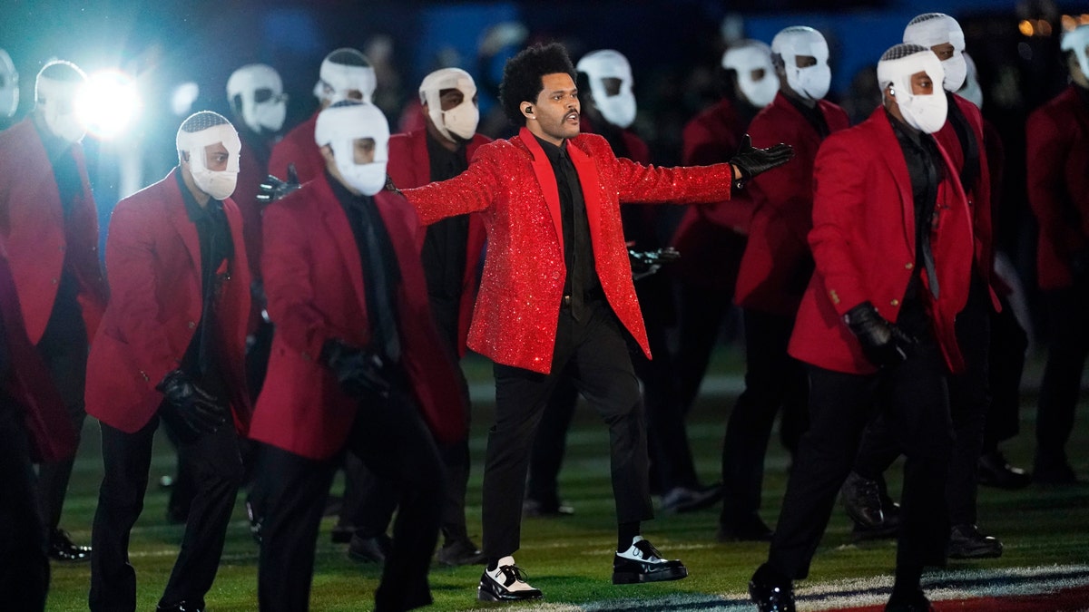 The Weeknd performs during the halftime show of the NFL Super Bowl 55 football game between the Kansas City Chiefs and Tampa Bay Buccaneers, Sunday, Feb. 7, 2021, in Tampa, Fla.?