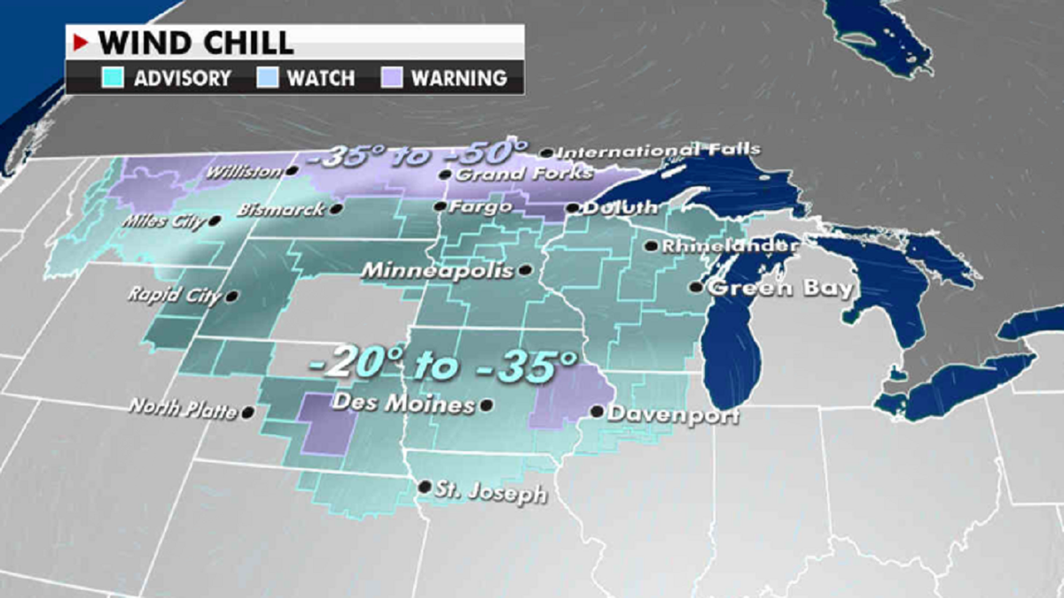 Extremely cold wind chills are being forecast Tuesday. (Fox News)