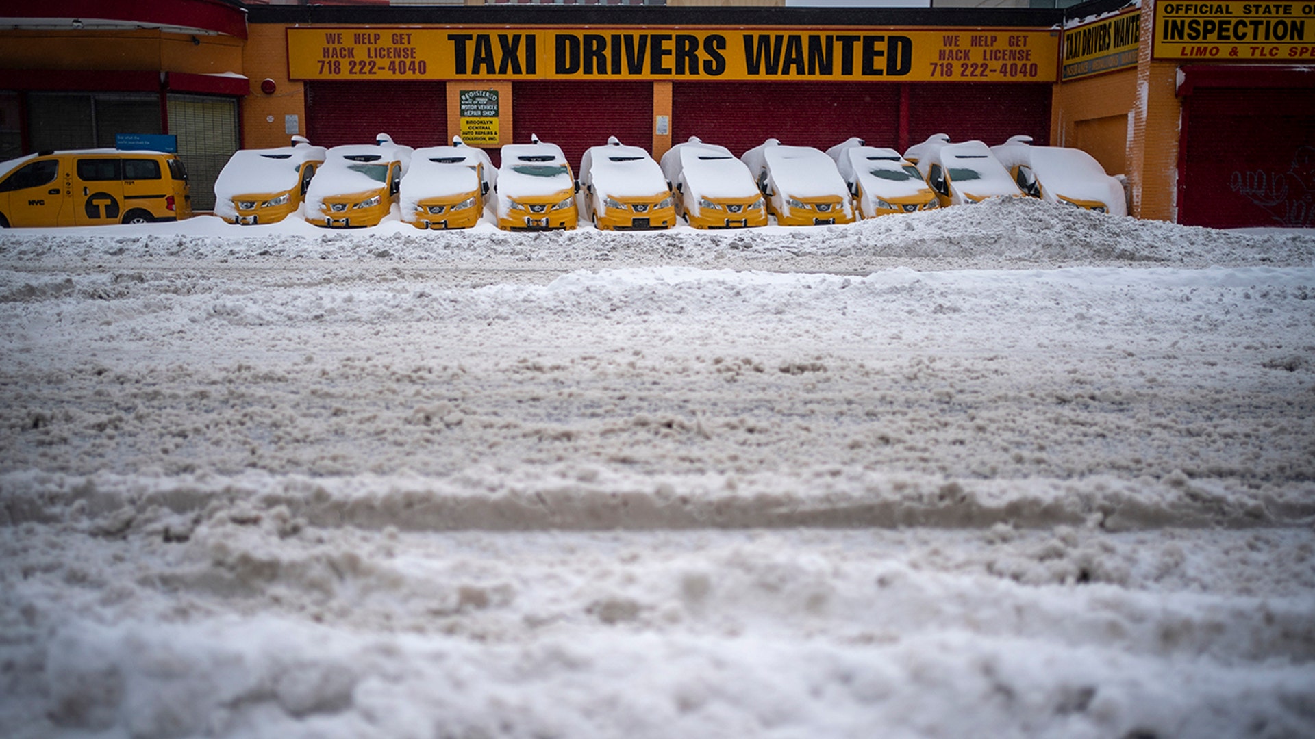 Parked taxis are covered with snow during a snowstorm, Monday, Feb. 1, 2021, in Brooklyn, New York. (AP Photo/Wong Maye-E)