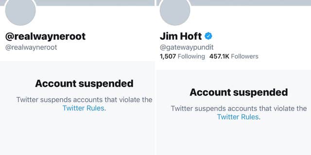 Twitter suspended Gateway Pundit founder Jim Hoft and radio host Wayne Allyn Root in February 2021. Screenshots