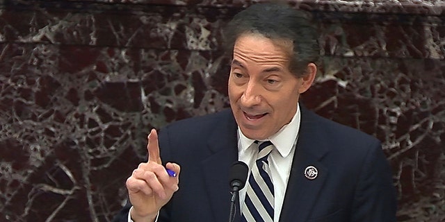 In this image from video, House impeachment manager Rep. Jamie Raskin, D-Md., speaks during the second impeachment trial of former President Donald Trump in the Senate at the U.S. Capitol in Washington, Thursday, Feb. 11, 2021. (Senate Television via AP)