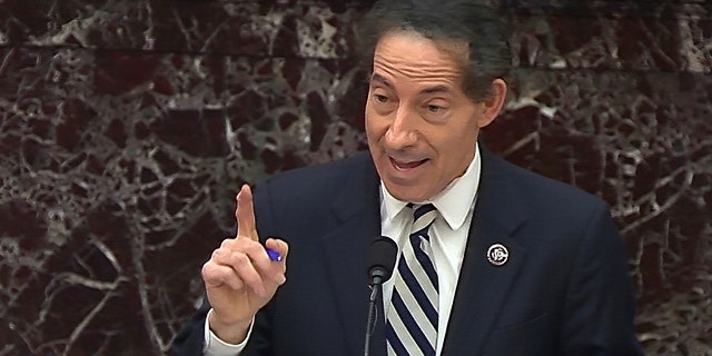 In this image from video, House impeachment manager Rep. Jamie Raskin, D-Md., speaks during the second impeachment trial of former President Donald Trump in the Senate at the U.S. Capitol in Washington, Thursday, Feb. 11, 2021. (Senate Television via AP)