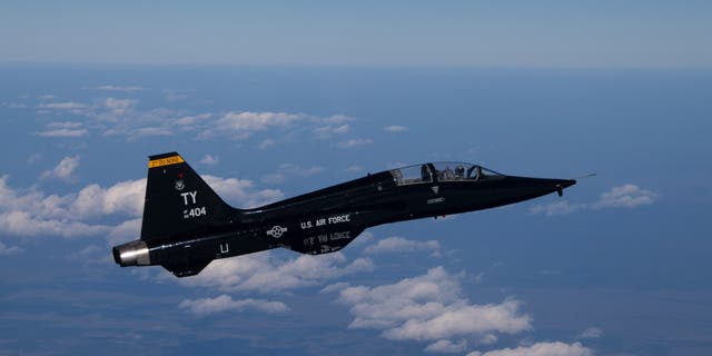 A T-38 Talon with the 2nd Fighter Training Squadron, Tyndall Air Force Base, Fla., begins to climb in altitude en route to a training range over the Gulf of Mexico, March 9, 2017. The 2nd FTS, American Beagles, is manned by experienced fighter pilots and support personnel with backgrounds in virtually every USAF fighter major waepons system. (U.S Air Force photo by Master Sgt. Burt Traynor/Released)