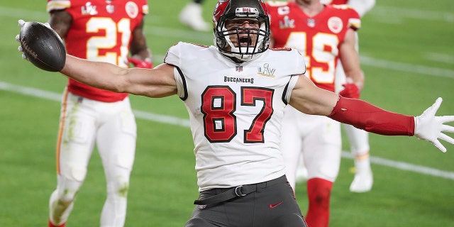 Tampa Bay tight end Rob Gronkowski celebrates as he scores a touchdown during the Super Bowl LV game of Tampa Bay Buccaneers versus Kansas City Chiefs at Raymond James Stadium in Tampa, Fla., on Sunday, Feb. 7, 2021.