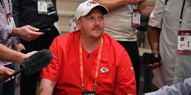 Britt Reid, former linebackers coach for the Kansas City Chiefs speaks to the media during the Kansas City Chiefs media availability prior to Super Bowl LIV on Jan. 29, 2020, in Aventura, Fla. (Getty Images)