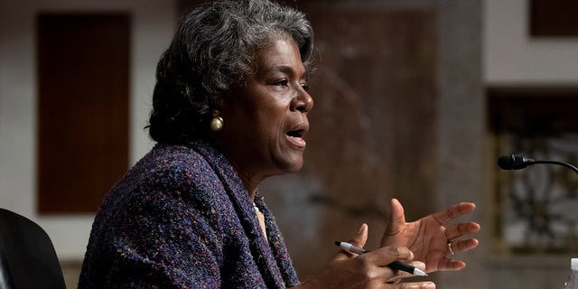 United States Ambassador to the United Nations nominee Linda Thomas-Greenfield testifies during for her confirmation hearing before the Senate Foreign Relations Committee on Capitol Hill, Wednesday, Jan. 27, 2021, in Washington. (Michael Reynolds/Pool via AP)