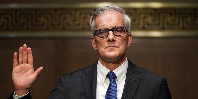 The nominated secretary of veterans' affairs, Denis McDonough, will be sworn in during his confirmation hearing before the Senate Committee on Veterans Affairs at Capitol Hill, Wednesday, January 27, 2021, in Washington.  (Leigh Vogel / Pool via AP)
