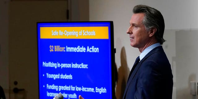 FILE: California Governor Gavin Newsom describes the safe reopening of schools while speaking about his 2021-2022 state budget proposal at a press conference in Sacramento, Calif. 