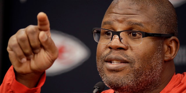 Kansas City Chiefs offensive coordinator Eric Bieniemy addresses the media during an NFL football news conference at Arrowhead Stadium in Kansas City, Mo., in this Jan. 23, 2020, file photo. Bieniemy has become the cause celebre when it comes to minority assistants who have been denied the opportunity to become head coaches in the NFL. (AP Photo/Charlie Riedel, File)