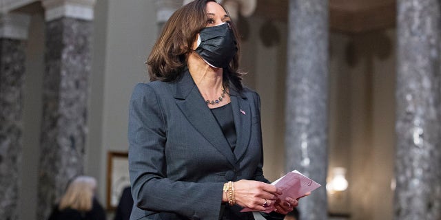 Vice President Kamala Harris attends a ceremonial swearing-in for Sen. Patrick Leahy, D-Vt., as President Pro Tempore of the Senate on Capitol Hill in Washington, Thursday, Feb. 4, 2021. Harris has changed her stance on the legislative filibuster since signing a letter in 2017 backing it. (Michael Reynolds/Pool via AP)