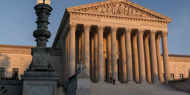 The Supreme Court is seen at sundown in Washington.