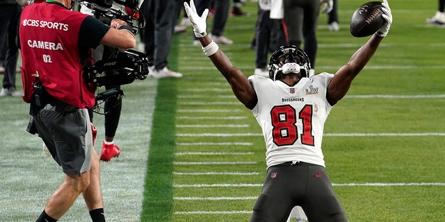 Antonio Brown celebrates after catching a 1-yard touchdown pass during Super Bowl LV against the Kansas City Chiefs on Feb. 7, 2021, in Tampa, Florida. (AP Photo/Chris O'Meara)