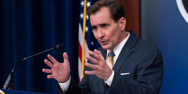 Pentagon spokesman John Kirby speaks during a media briefing at the Pentagon, Monday, Feb. 8, 2021, in Washington. (AP Photo/Alex Brandon)