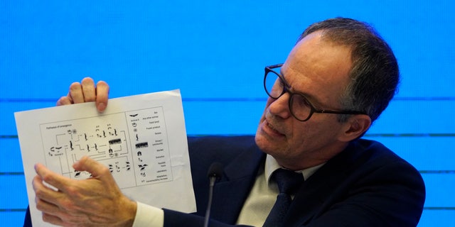 Peter Ben Embarek, of the World Health Organization team holds up a chart showing pathways of transmission of the virus during a joint press conference held at the end of the WHO mission in Wuhan, China, Tuesday, Feb. 9, 2021. (AP Photo/Ng Han Guan)