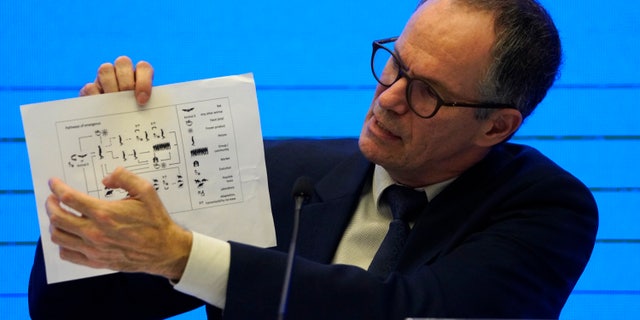 Peter Ben Embarek, of the World Health Organization team holds up a chart showing pathways of transmission of the virus during a joint press conference held at the end of the WHO mission in Wuhan, China, Tuesday, Feb. 9, 2021. (AP Photo/Ng Han Guan)