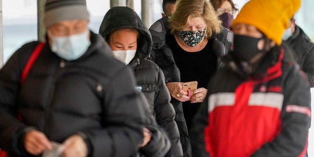 People line up for a COVID-19 vaccine outside a NYC Health Department clinic, Tuesday, Feb. 9, 2021, in New York. The city has auctioned off millions of dollars worth of COVID gear for pennies on the dollar, according to reports. 