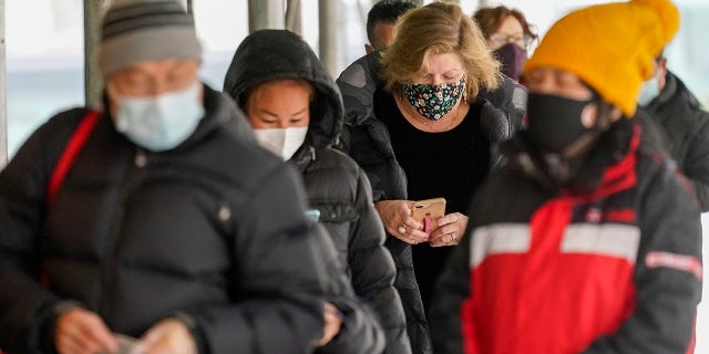 People line up for a COVID-19 vaccine outside a NYC Health Department clinic, Tuesday, Feb. 9, 2021, in New York. The city has auctioned off millions of dollars worth of COVID gear for pennies on the dollar, according to reports.
