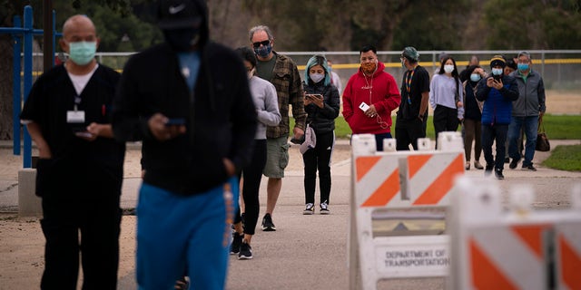 People wait in line to get their COVID-19 vaccine at a vaccination site set up in a park in the Lincoln Heights neighborhood of Los Angeles, Tuesday, Feb. 9, 2021. (AP Photo/Jae C. Hong)