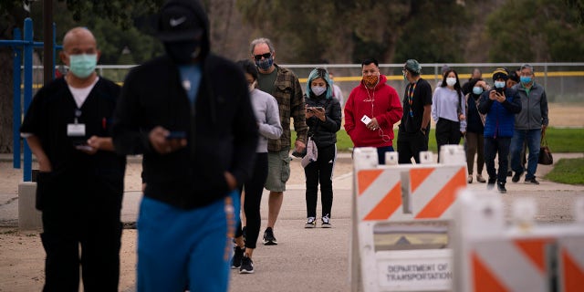 People wait in line to get their COVID-19 vaccine at a vaccination site set up in a park in the Lincoln Heights neighborhood of Los Angeles, Tuesday, Feb. 9, 2021. (AP Photo/Jae C. Hong)