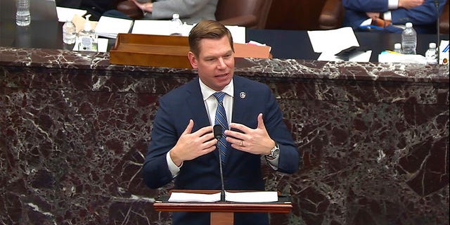 In this image from the video, the representative for House impeachment official Eric Swalwell, D-Calif., Speaks during the second impeachment trial of former President Donald Trump in the Senate on Capitol Hill. USA in Washington, Wednesday, February 10, 2021 (Senate) Television via AP)