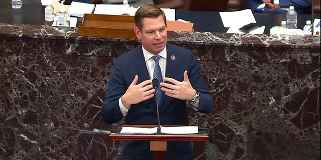 In this image from video, House impeachment manager Rep. Eric Swalwell, D-Calif., speaks during the second impeachment trial of former President Donald Trump in the Senate at the U.S. Capitol in Washington, Wednesday, Feb. 10, 2021. (Senate Television via AP)