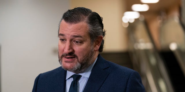 Sen. Ted Cruz, R-Texas, speaks with reporters on Capitol Hill in Washington, Saturday, Feb. 13, 2021, on the fifth day of the second impeachment trial of former President Donald Trump. 