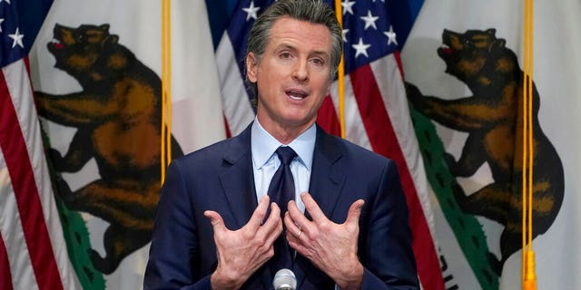FILE: California Gov. Gavin Newsom outlines his 2021-2022 state budget proposal during a news conference in Sacramento, Calif.