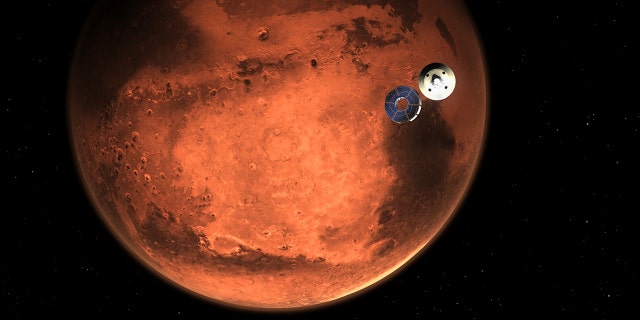 In this illustration made available by NASA, the Perseverance rover casts off its spacecraft's cruise stage, minutes before entering the Martian atmosphere. (NASA/JPL-Caltech via AP)