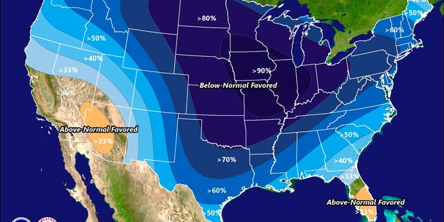 This illustration made available by the National Weather Service on Thursday, Feb.. 4, 2021 shows a Feb. 10-14 forecast for below-normal temperatures for large parts of the United States. The mid-February killer freeze was no surprise and yet catastrophe happened. Meteorologists, government and private, saw it coming, some nearly three weeks in advance. They started sounding warnings two weeks in advance. They talked to officials. They tweeted and used other social media and were downright blunt. (National Weather Service via AP)