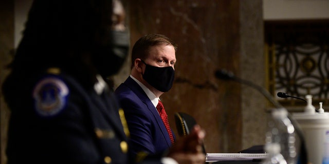 Capitol Police Capt. Carneysha Mendoza and former U.S. Capitol Police Chief Steven Sund appear before a Senate Homeland Security and Governmental Affairs & Senate Rules and Administration joint hearing on Capitol Hill, Washington, Tuesday, Feb. 23, 2021, to examine the January 6th attack on the Capitol. (Erin Scott/The New York Times via AP, Pool)