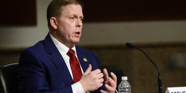 Former U.S. Capitol Police Chief Steven Sund testifies before a Senate Homeland Security and Governmental Affairs & Senate Rules and Administration joint hearing on Capitol Hill, Washington, Tuesday, Feb. 23, 2021, to examine the January 6th attack on the Capitol. (Erin Scott/The New York Times via AP, Pool)