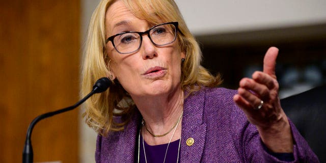 Sen. Maggie Hassan, D-N.H., speaks during a Senate Homeland Security and Governmental Affairs & Senate Rules and Administration joint hearing on Capitol Hill, Washington, Tuesday, Feb. 23, 2021, to examine the January 6th attack on the Capitol. (Erin Scott/The New York Times via AP, Pool)