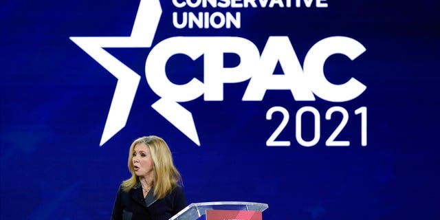 Sen. Marsha Blackburn, R-Tenn., speaks at the Conservative Political Action Conference (CPAC) Friday, Feb. 26, 2021, in Orlando, Fla. (AP Photo/John Raoux)
