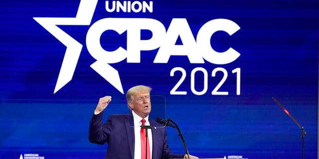Former President Donald Trump speaks at the Conservative Political Action Conference (CPAC) Sunday, Feb. 28, 2021, in Orlando, Fla. (AP Photo/John Raoux)