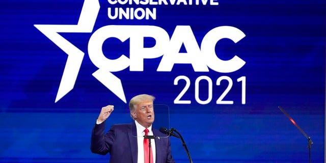 Former president Donald Trump speaks at the Conservative Political Action Conference (CPAC) Sunday, Feb. 28, 2021, in Orlando, Fla. (AP Photo/John Raoux)