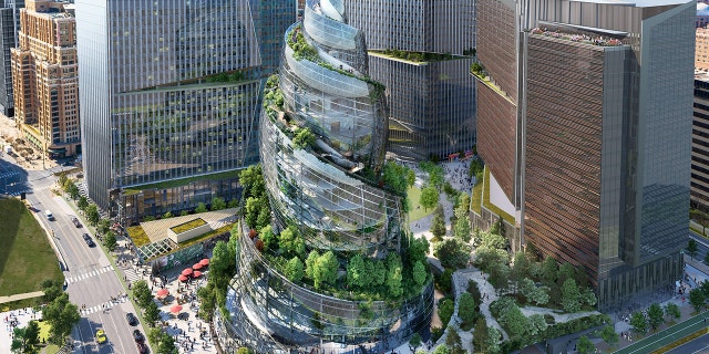The tech giant released illustrated renderings of the next phase of its headquarters redevelopment in Virginia, sharing shots of the helix-shaped structure called PenPlace.