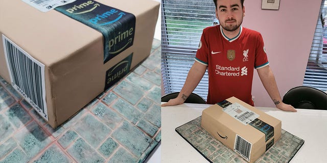 Kane Evans poses with his extra-special delivery: an Amazon-inspired birthday cake.