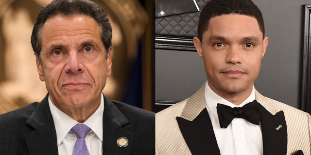 Trevor Noah (right) slammed New York Gov. Andrew Cuomo over his administration's handling of the data surrounding COVID-19 in nursing homes.