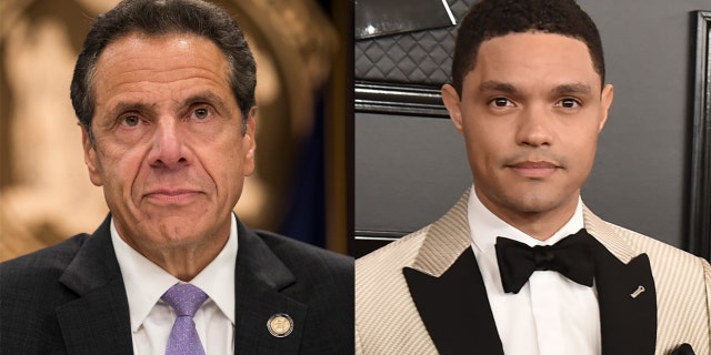 Trevor Noah (right) has slammed New York Gov. Andrew Cuomo over his administration's false claims about the number of coronavirus deaths in nursing homes and allegations of sexual harassment.